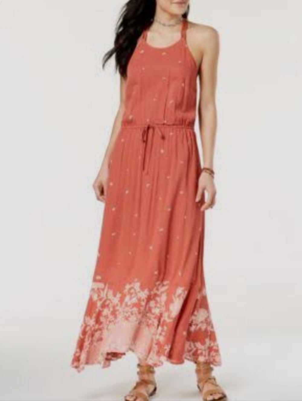 Roxy MaxiDress XL Boho Floral Crochet Racerback Burnt Orange Viscose/Cotton